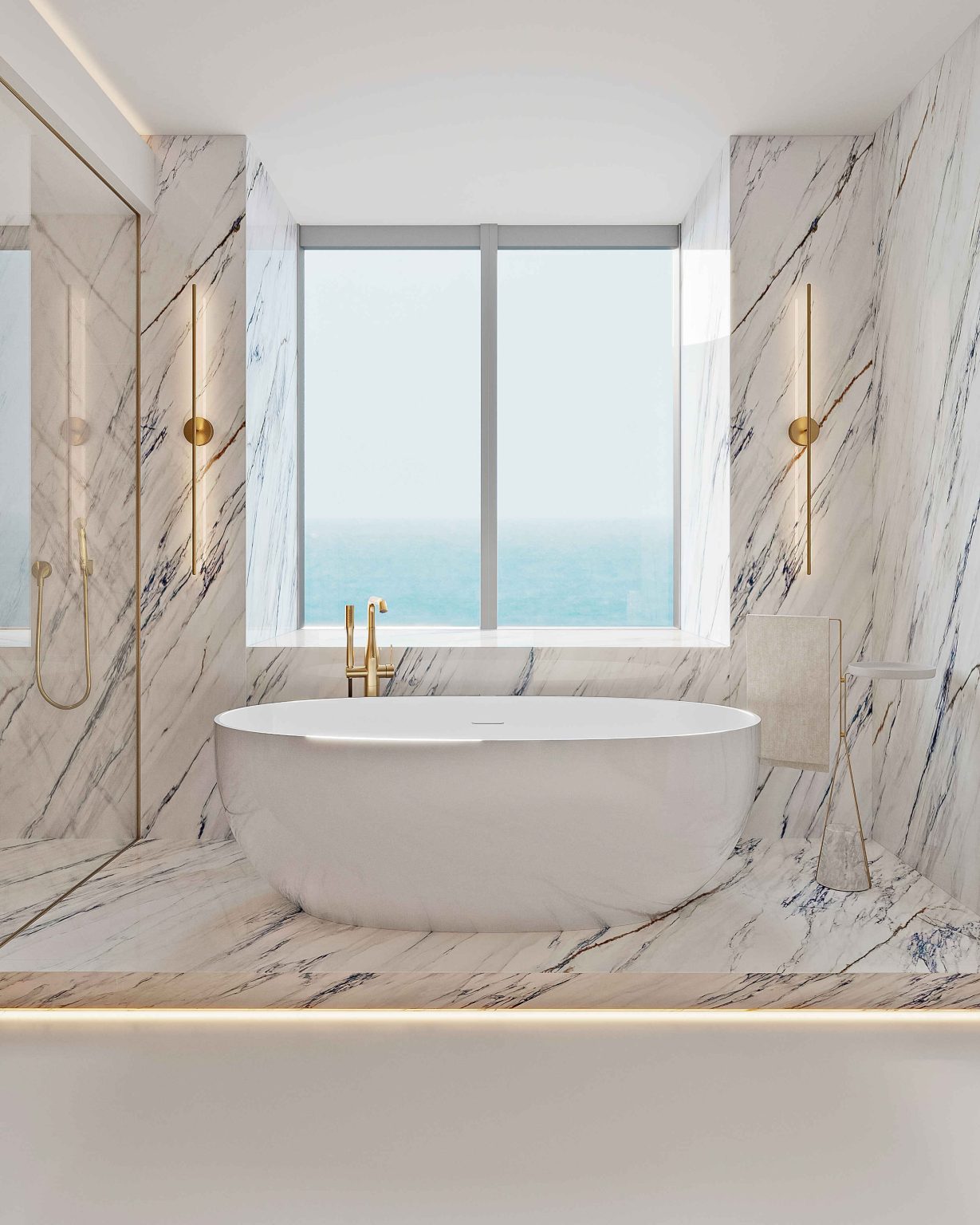A contemporary minimalist bathroom designed by Natalia Starinova, showcasing simplicity and elegance in Miami